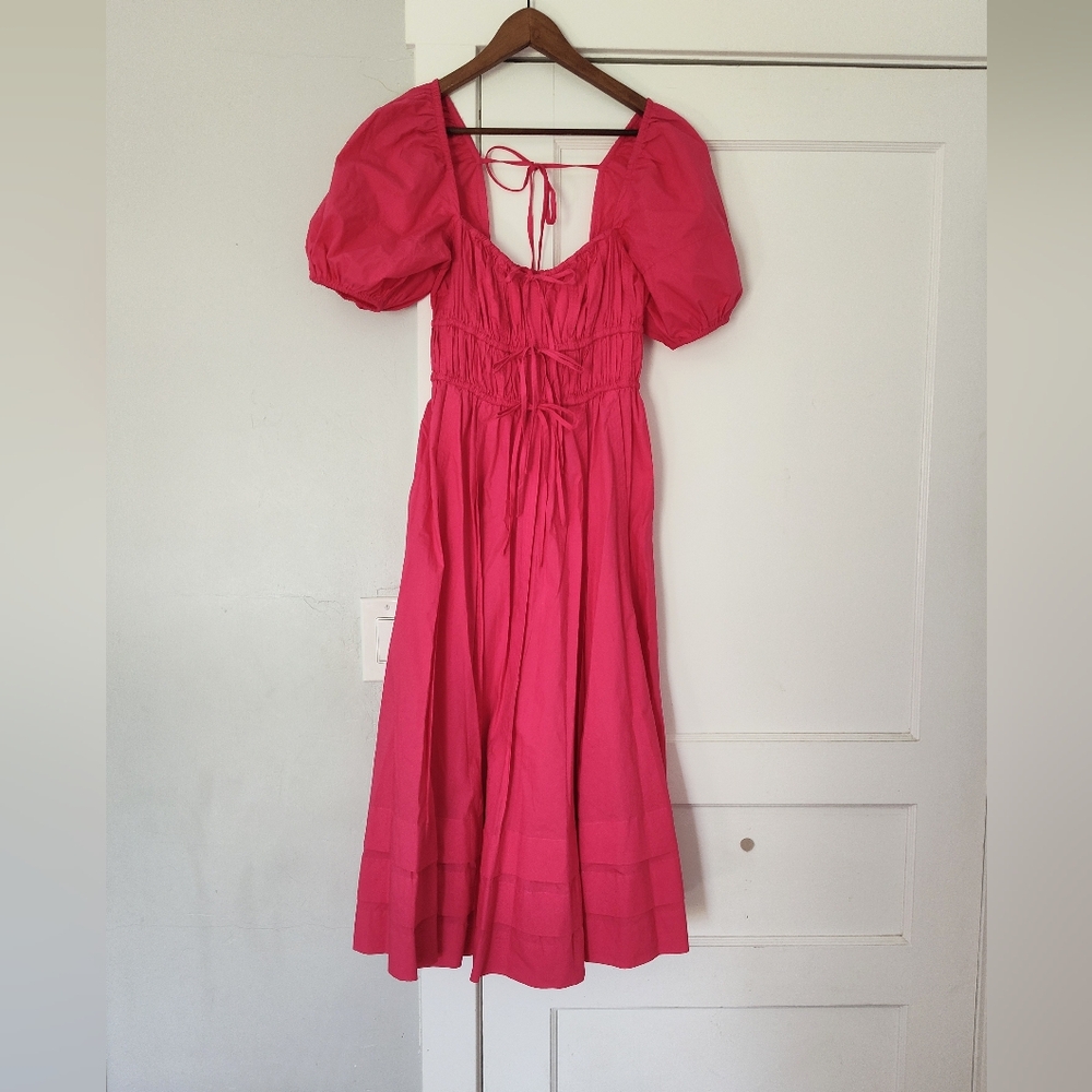 Ulla Johnson Palma Vibrant Barbie Pink Peasant Cotton Puff Sleeve Midi Dress - Picture 2 of 16